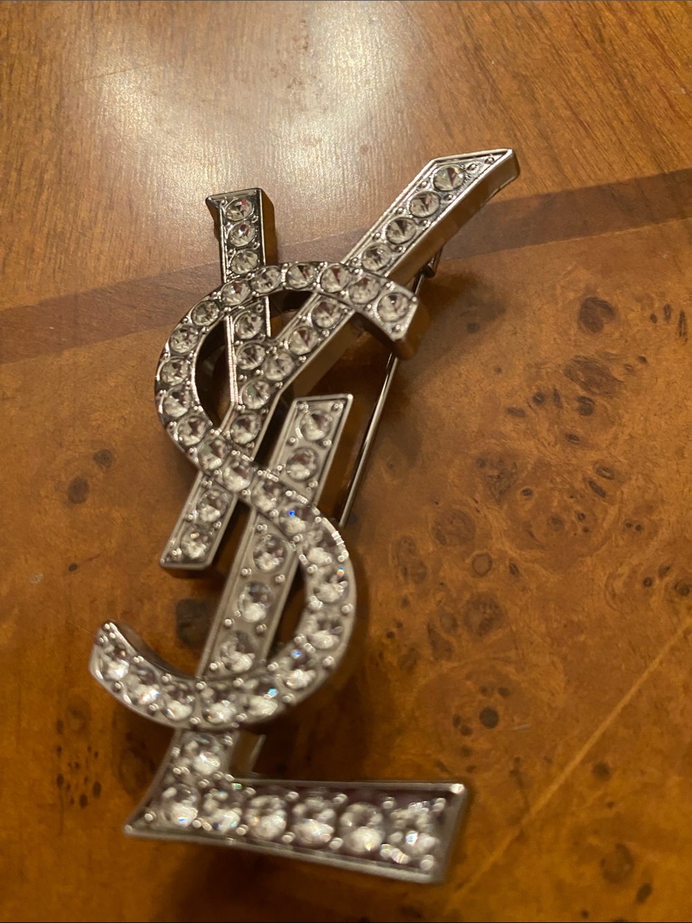 Fashion Jewelry Silver-Tone Crystal Monogram Brooch